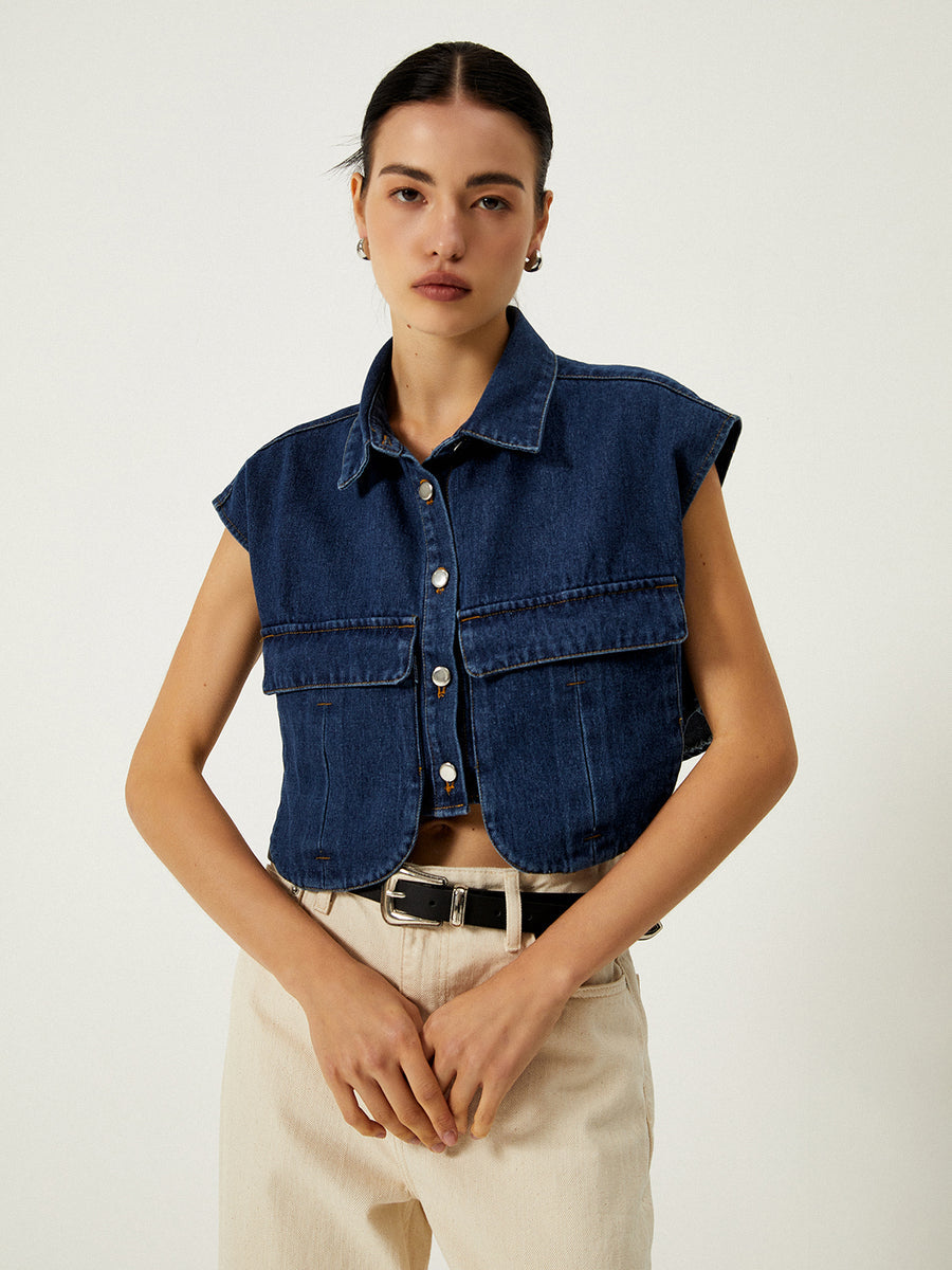 Denim Elegance Sleeveless Shirt
