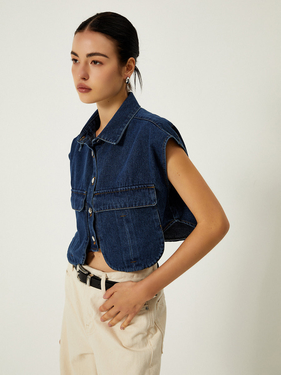 Denim Elegance Sleeveless Shirt