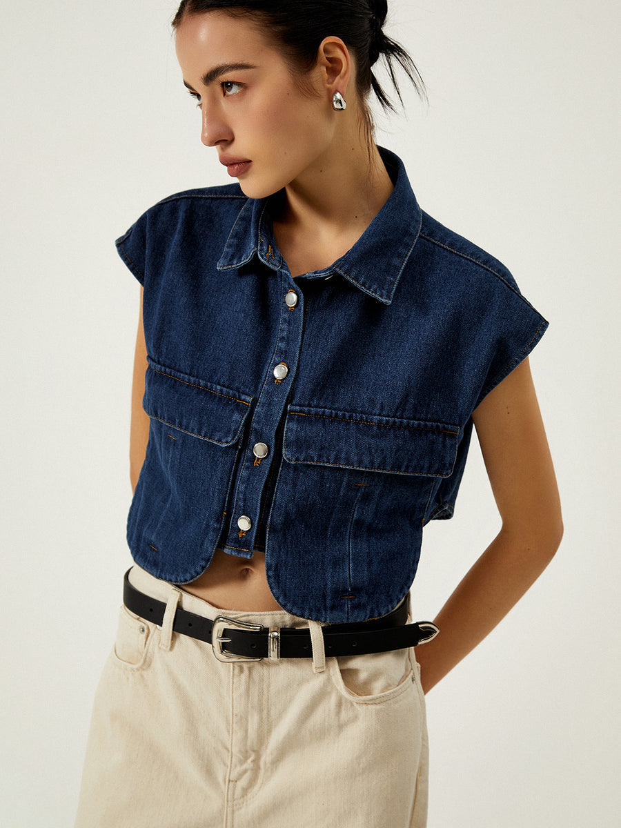 Denim Elegance Sleeveless Shirt
