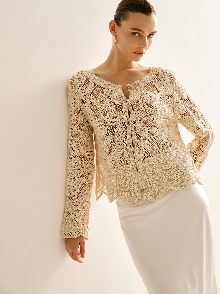 Lace Knit Buttoned Loose Cut Blouse