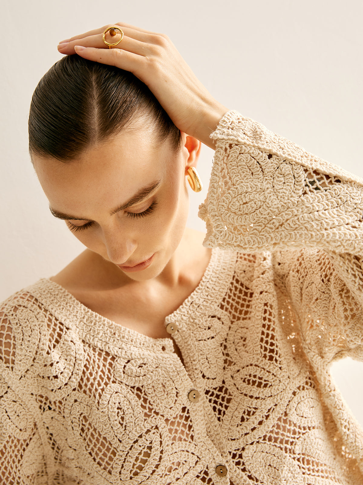 Lace Knit Buttoned Loose Cut Blouse