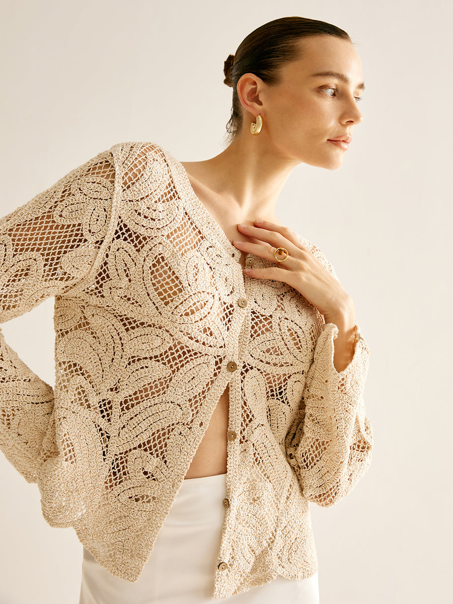 Lace Knit Buttoned Loose Cut Blouse
