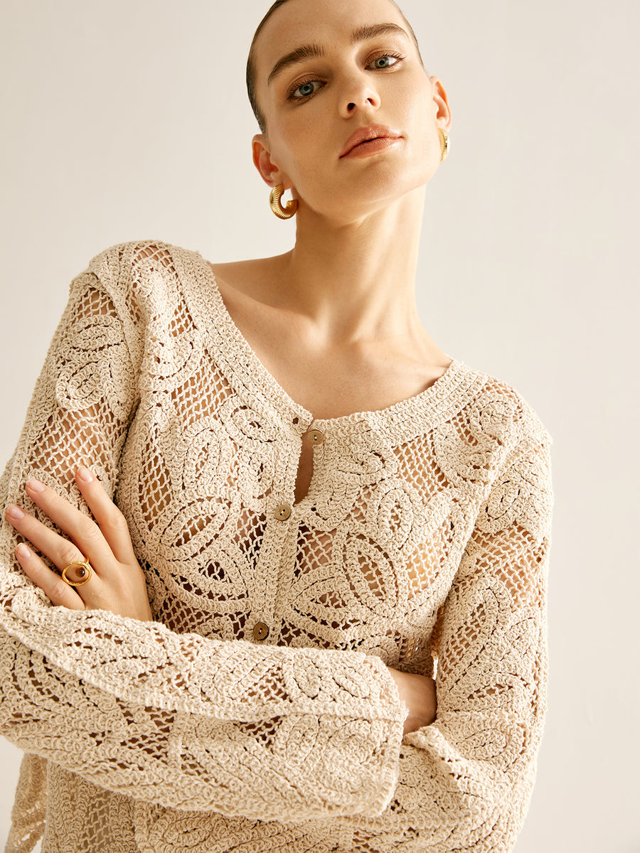 Lace Knit Buttoned Loose Cut Blouse