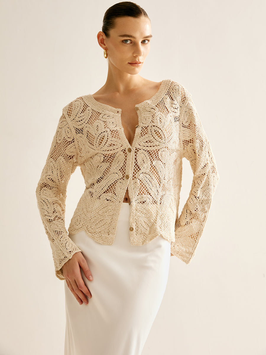 Lace Knit Buttoned Loose Cut Blouse