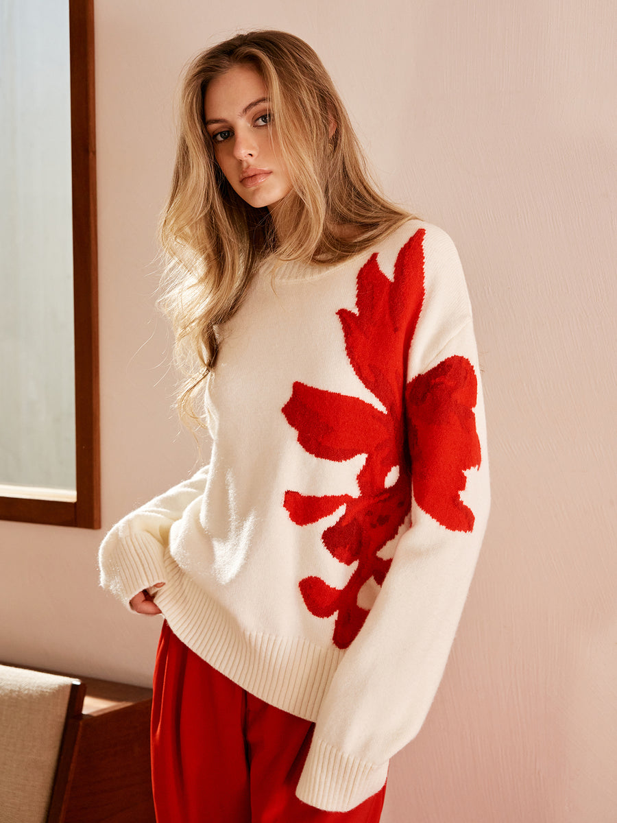 Red Floral Oversize Knitted Sweater
