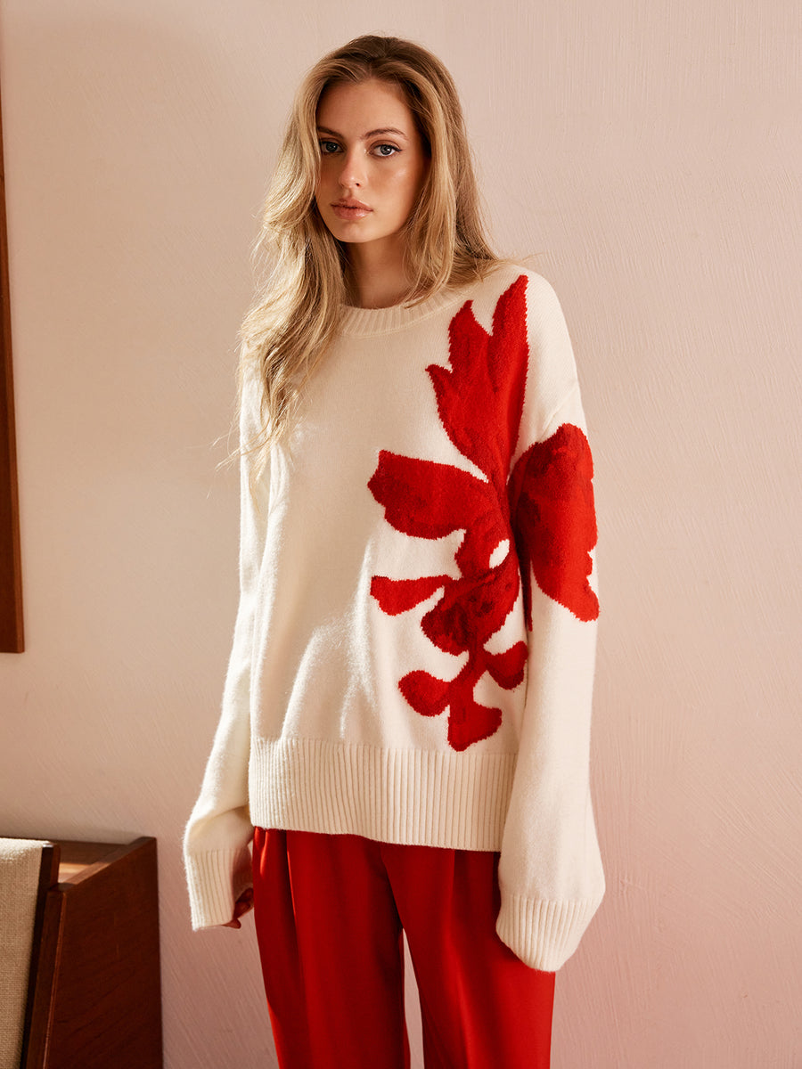 Red Floral Oversize Knitted Sweater