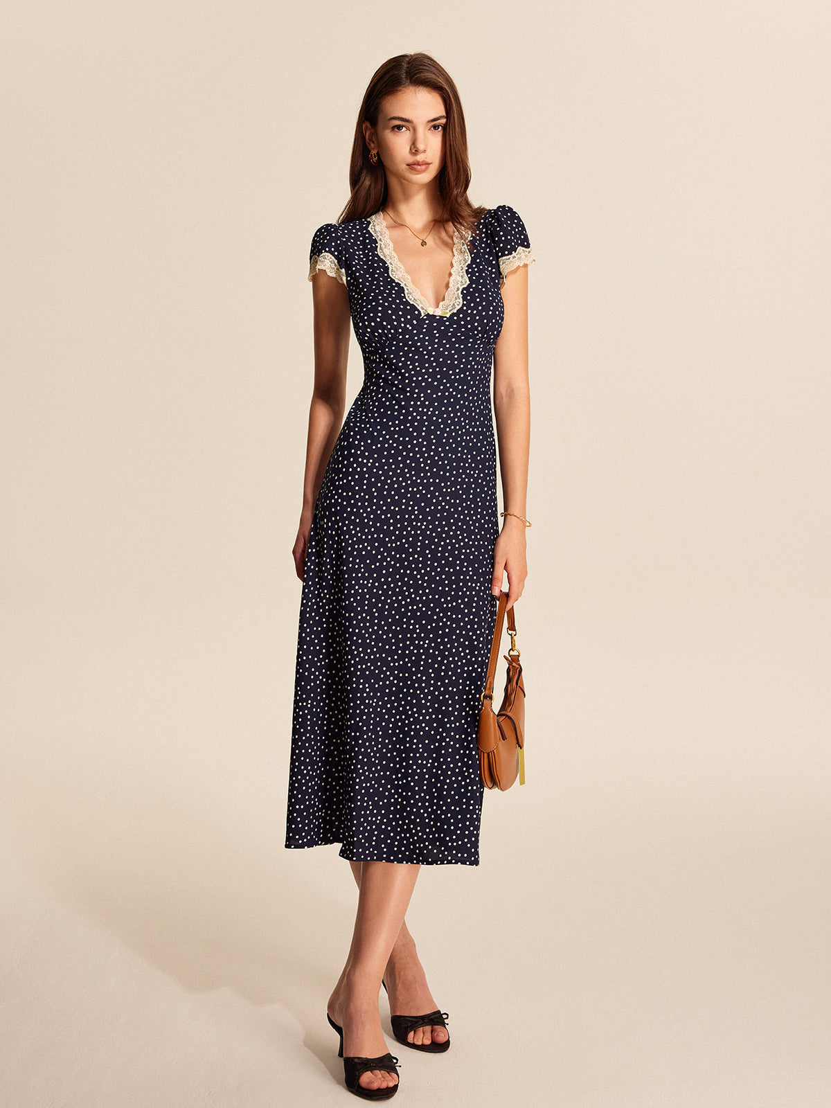 Lace Detailed Polka Dot Midi Dress