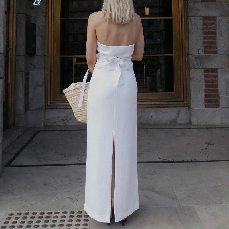 V Neck Backless Laced Suspender and Long Skirt Suit