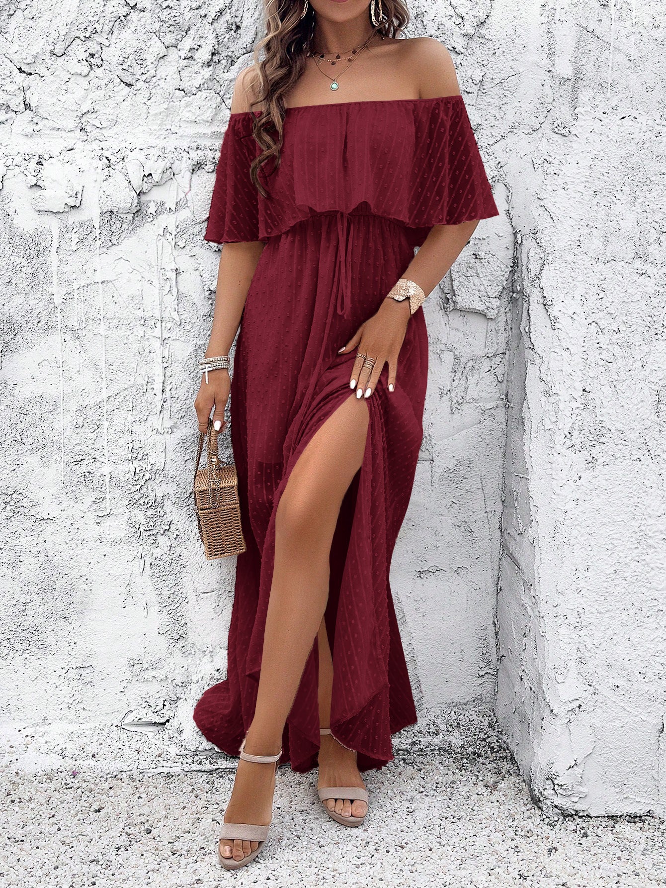 Polka Dot Off Shoulder Chiffon Dress