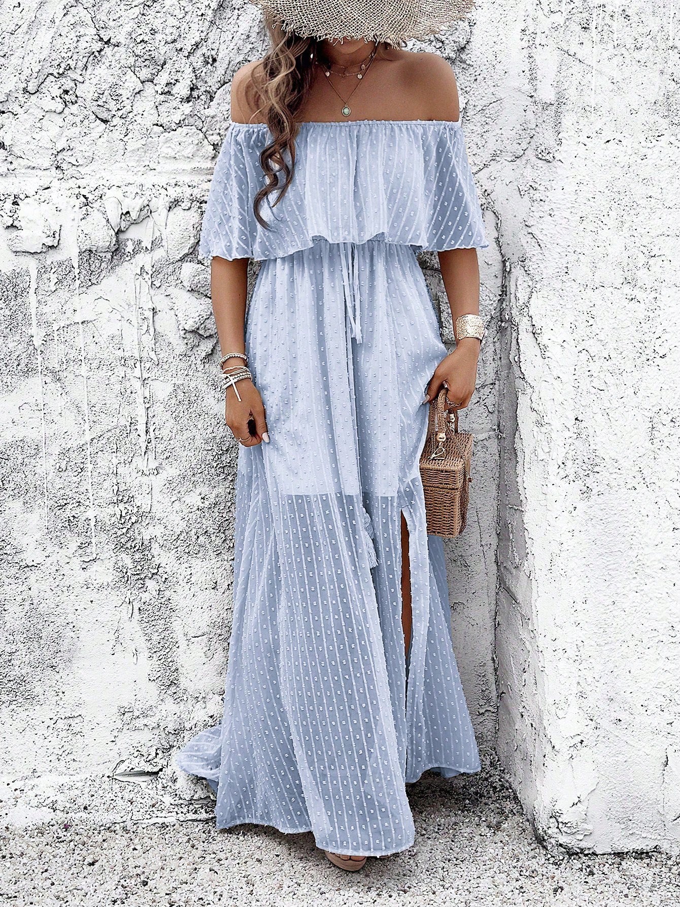 Polka Dot Off Shoulder Chiffon Dress