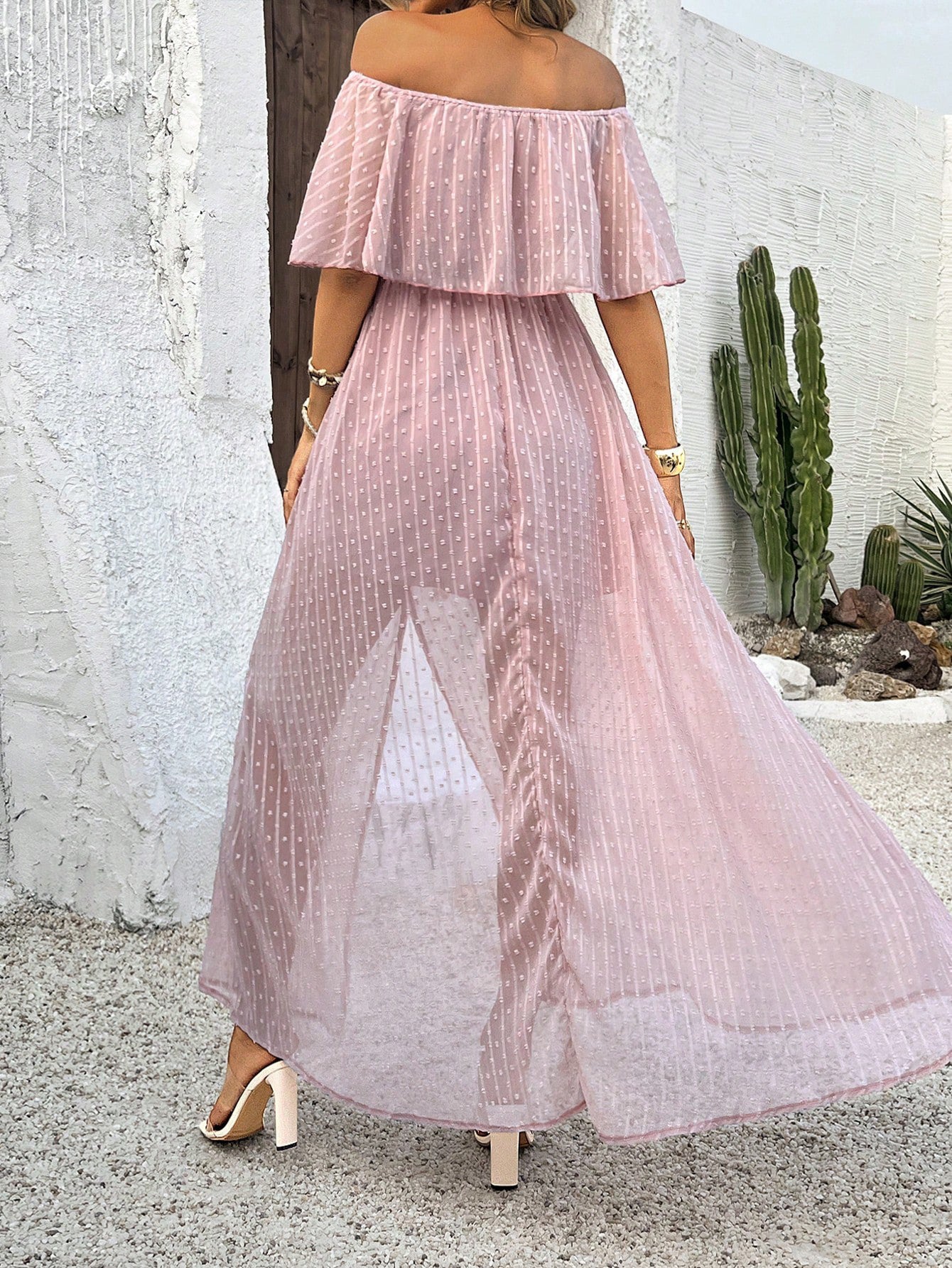 Polka Dot Off Shoulder Chiffon Dress