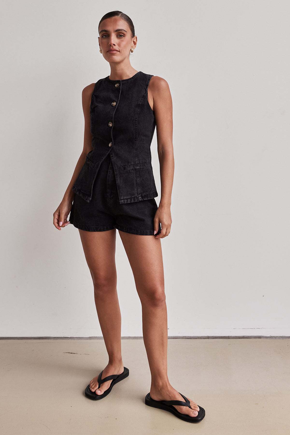 Denim Button-Up Shorts Set