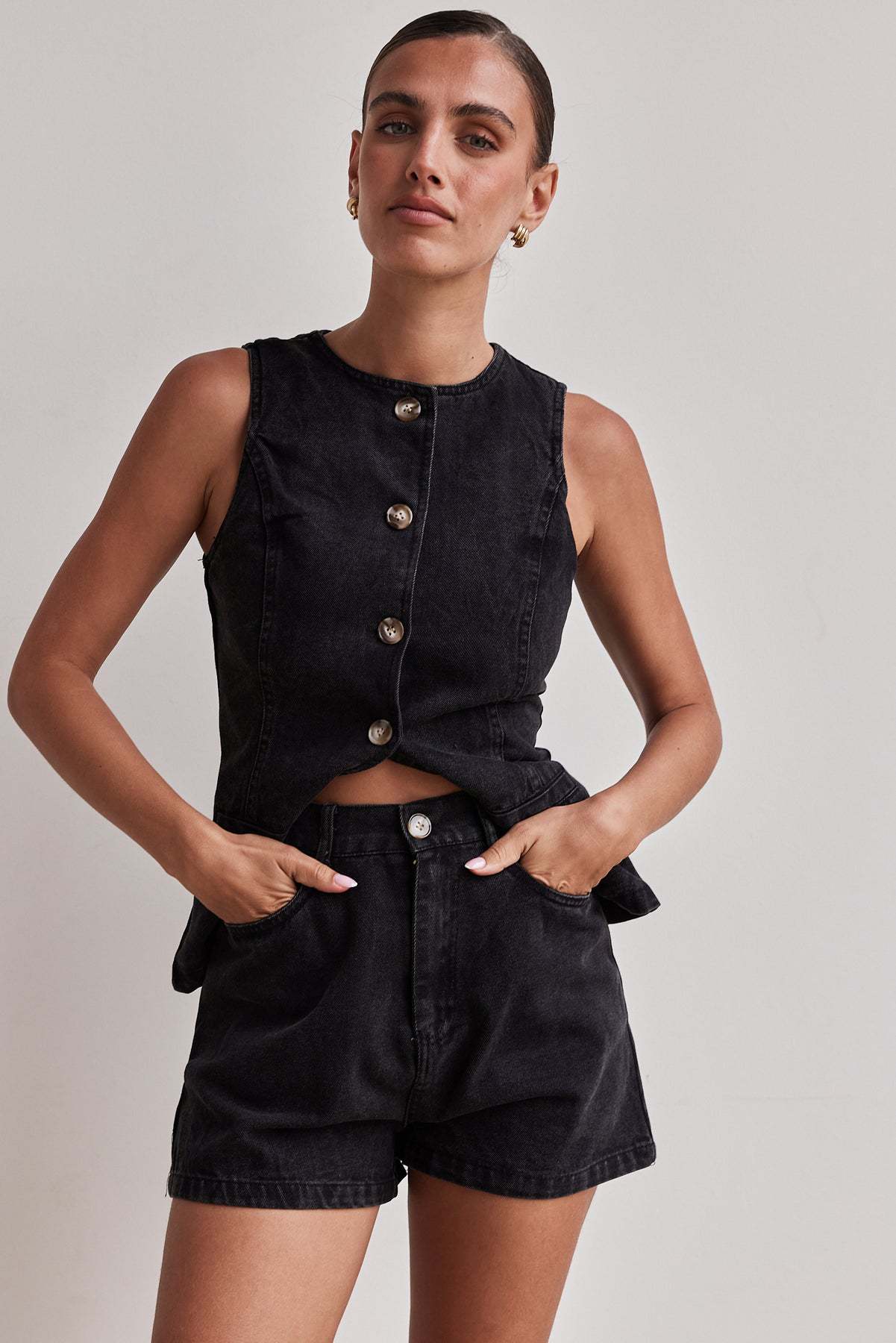 Denim Button-Up Shorts Set