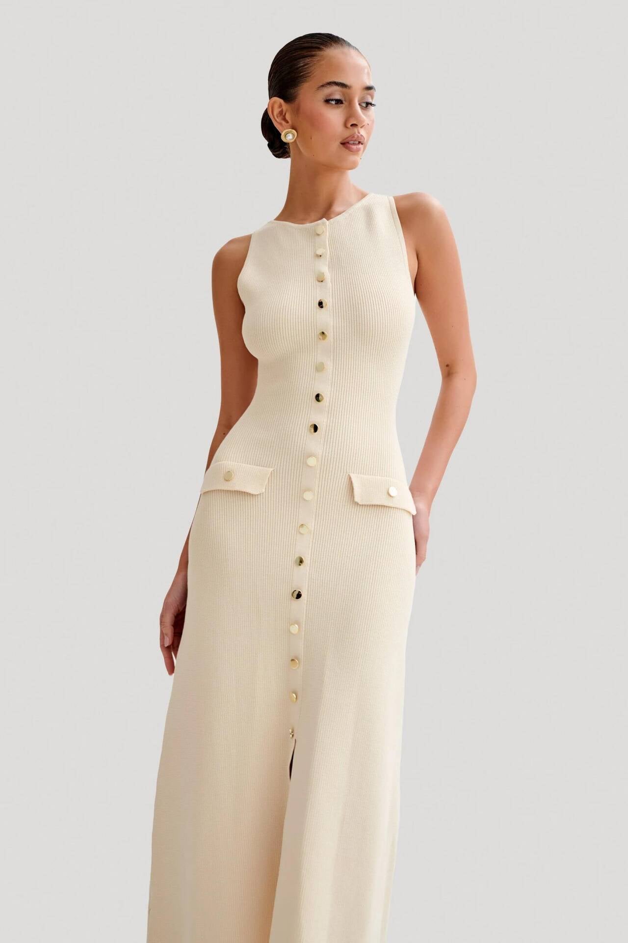Royal Chic Button Detail Midi Dress