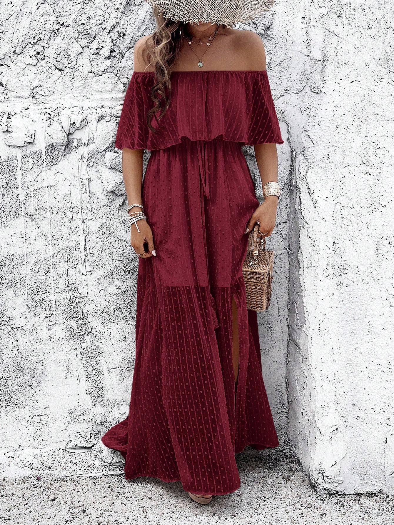 Polka Dot Off Shoulder Chiffon Dress