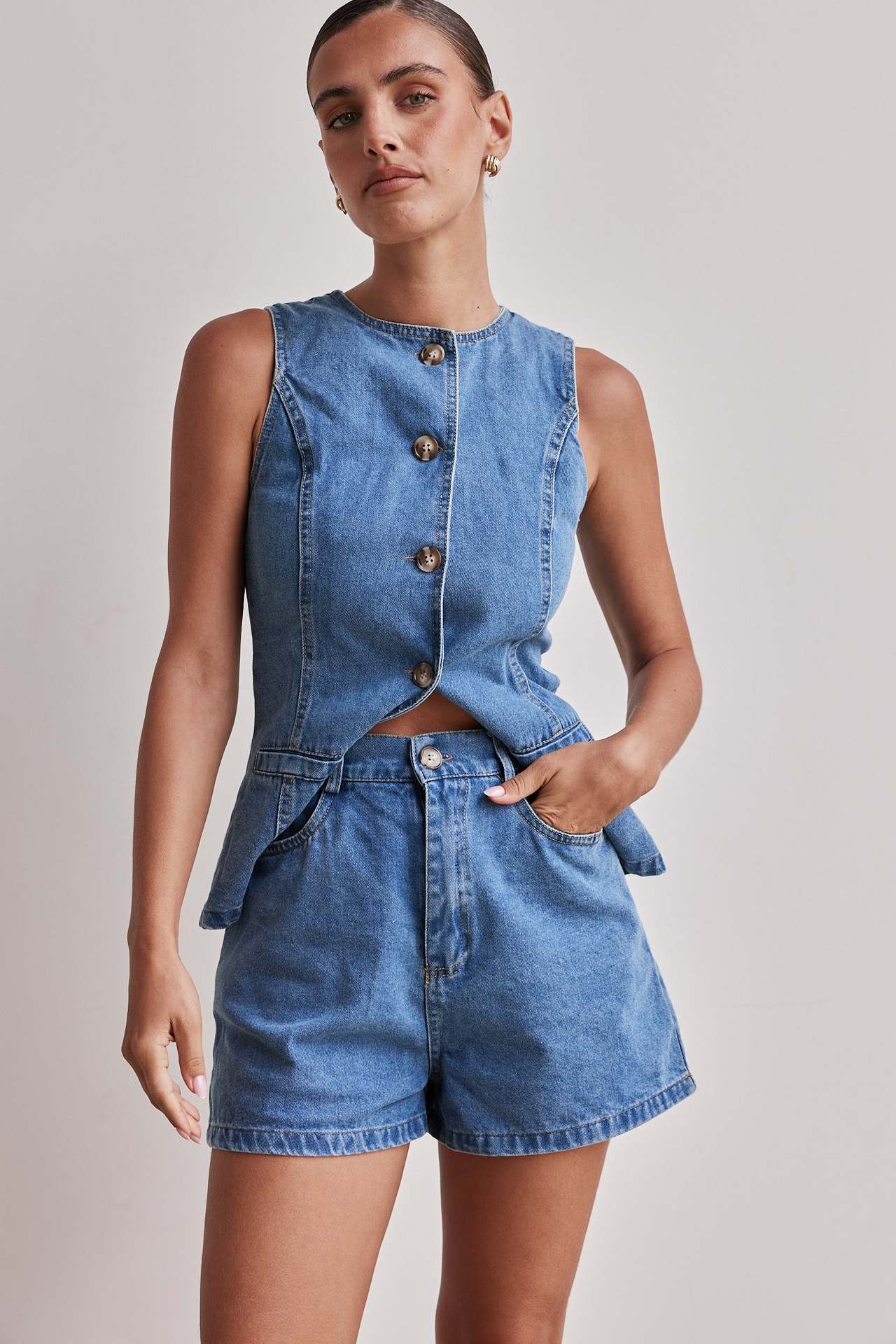 Denim Button-Up Shorts Set
