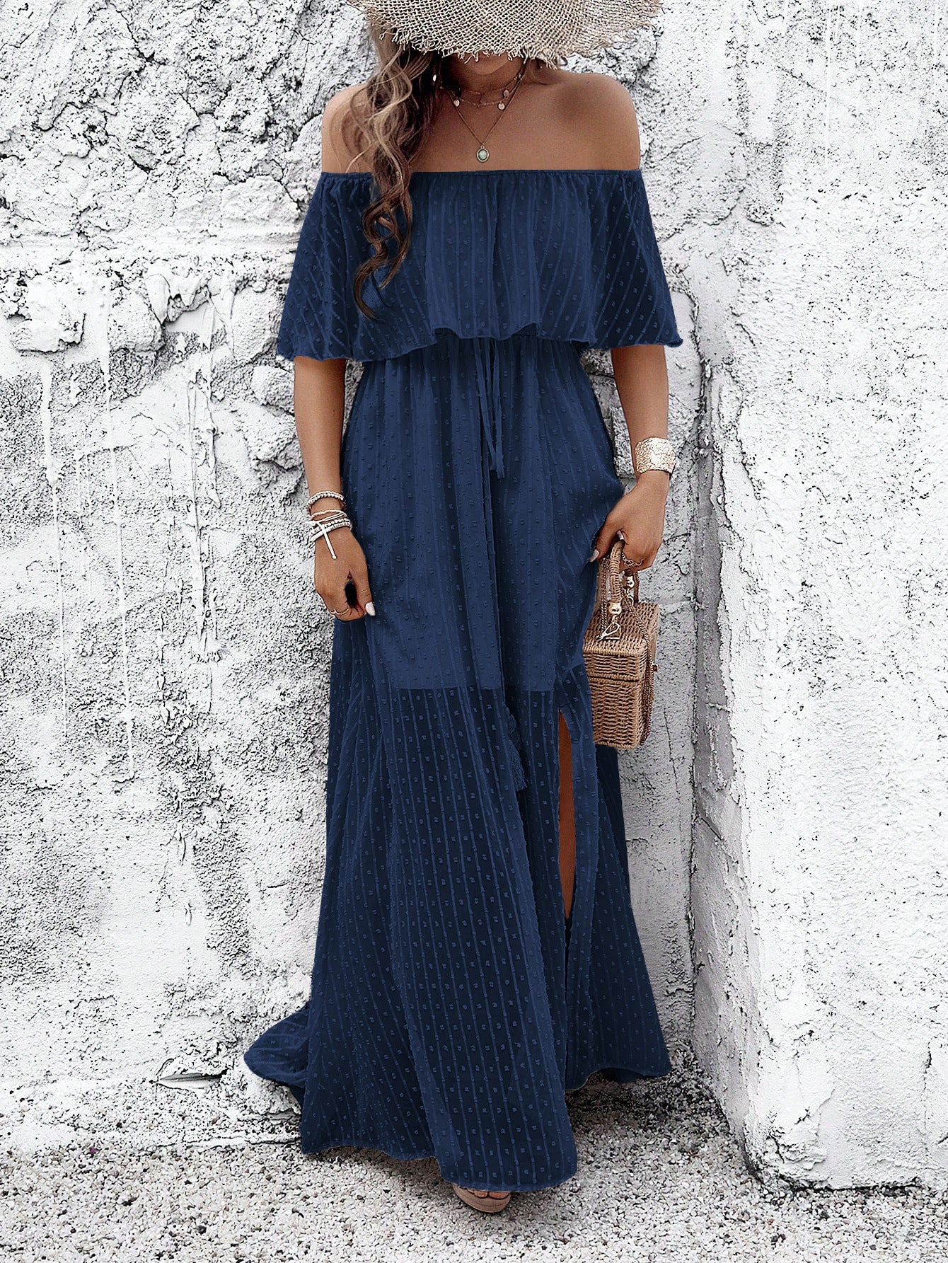 Polka Dot Off Shoulder Chiffon Dress