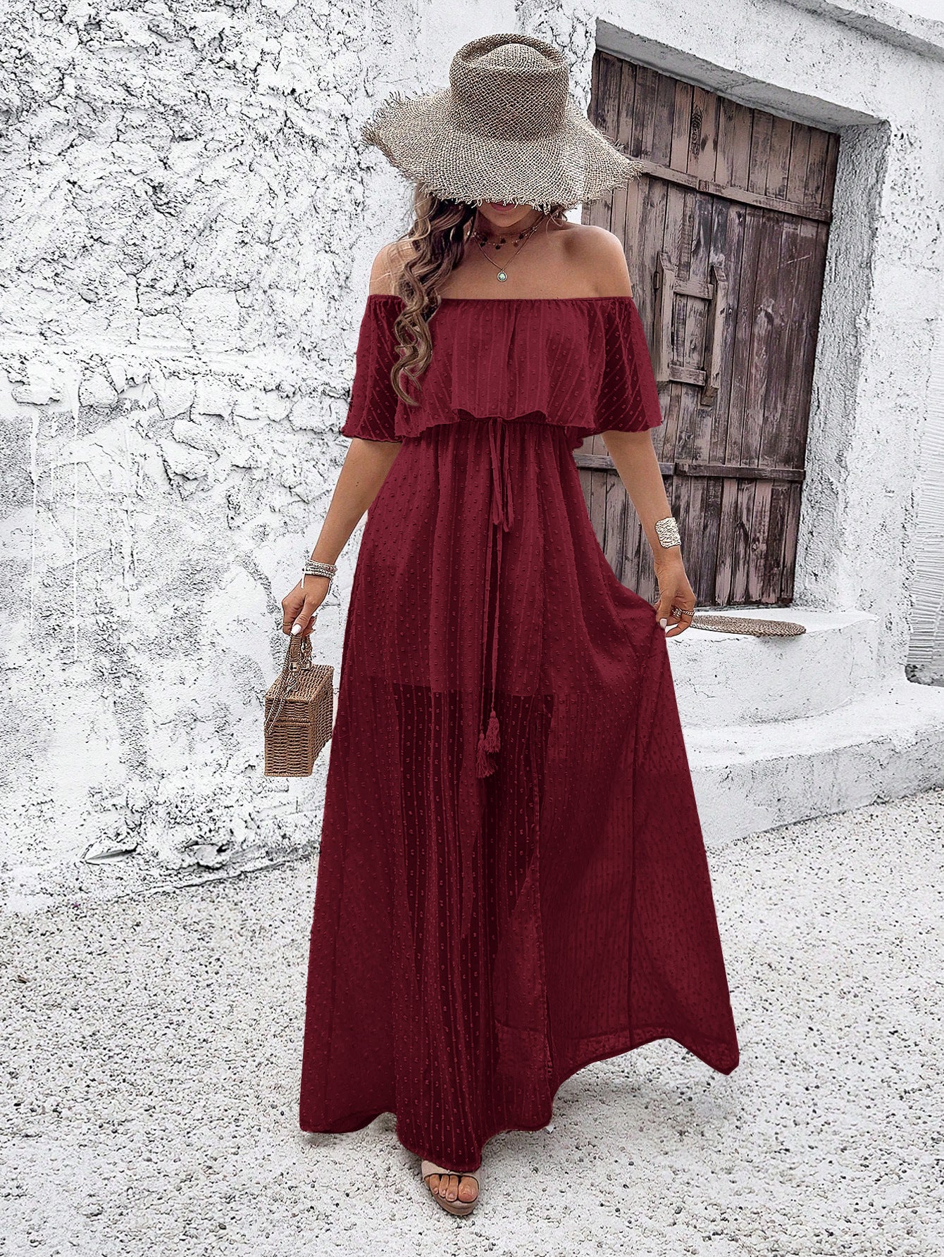 Polka Dot Off Shoulder Chiffon Dress