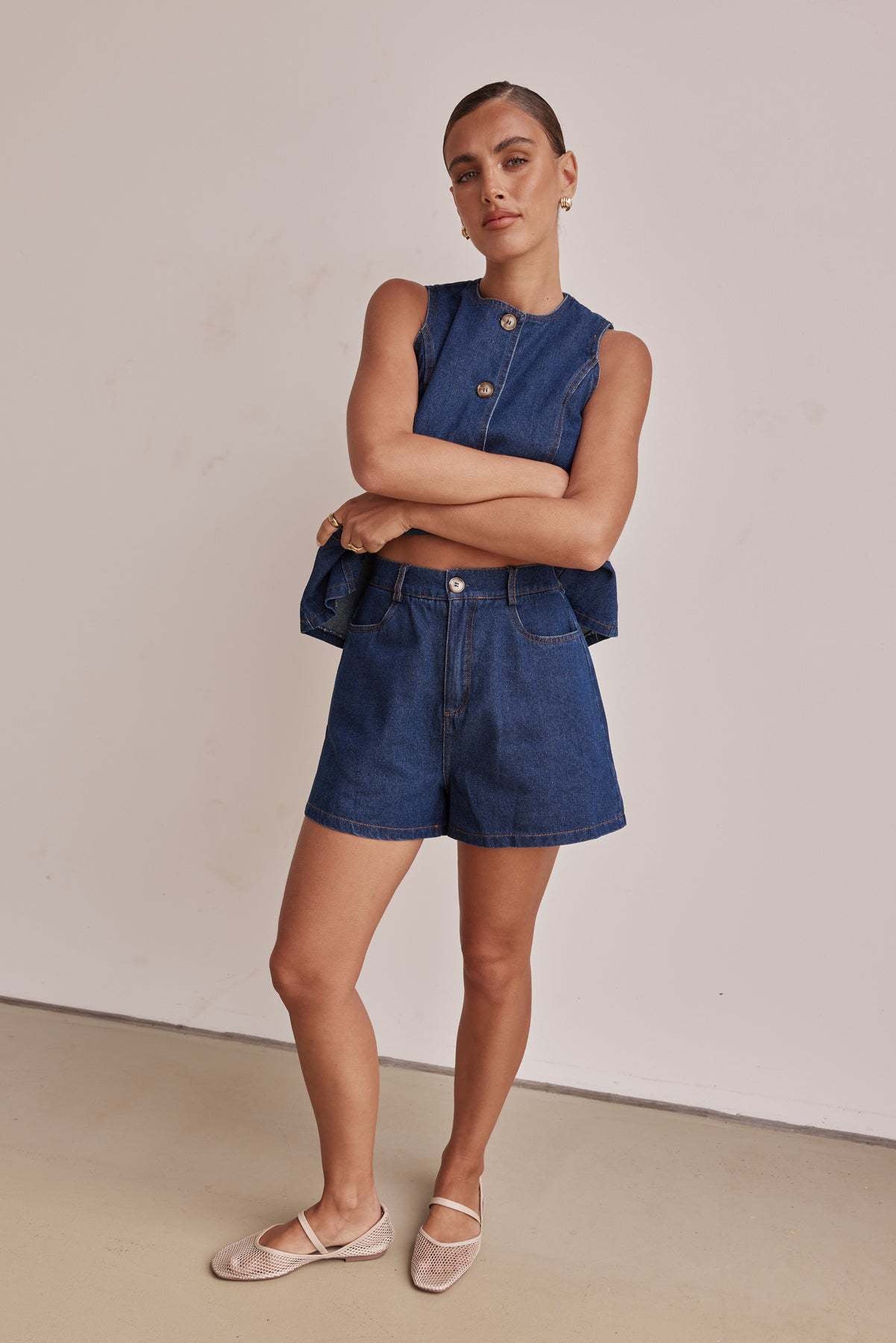 Denim Button-Up Shorts Set