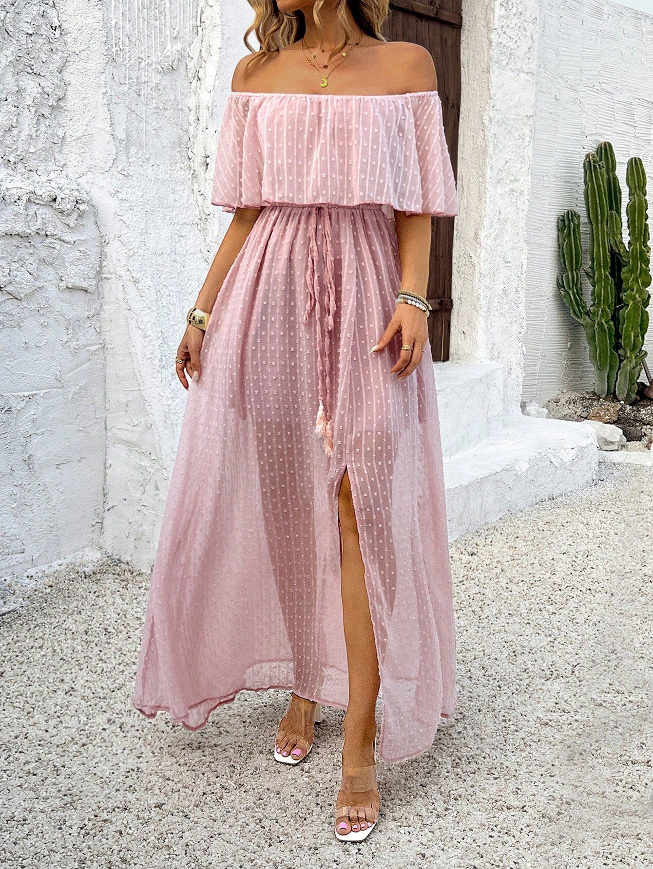 Polka Dot Off Shoulder Chiffon Dress