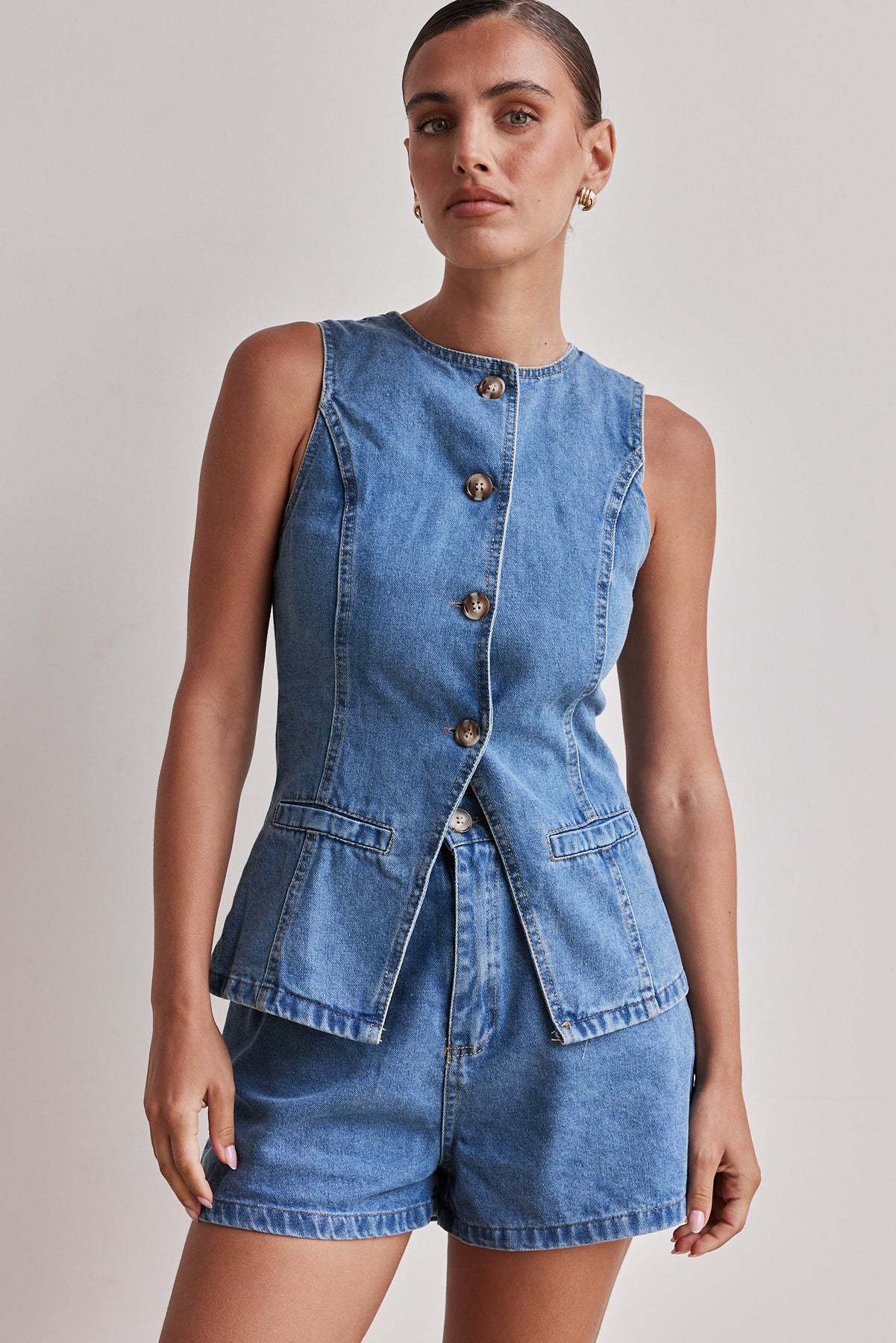 Denim Button-Up Shorts Set