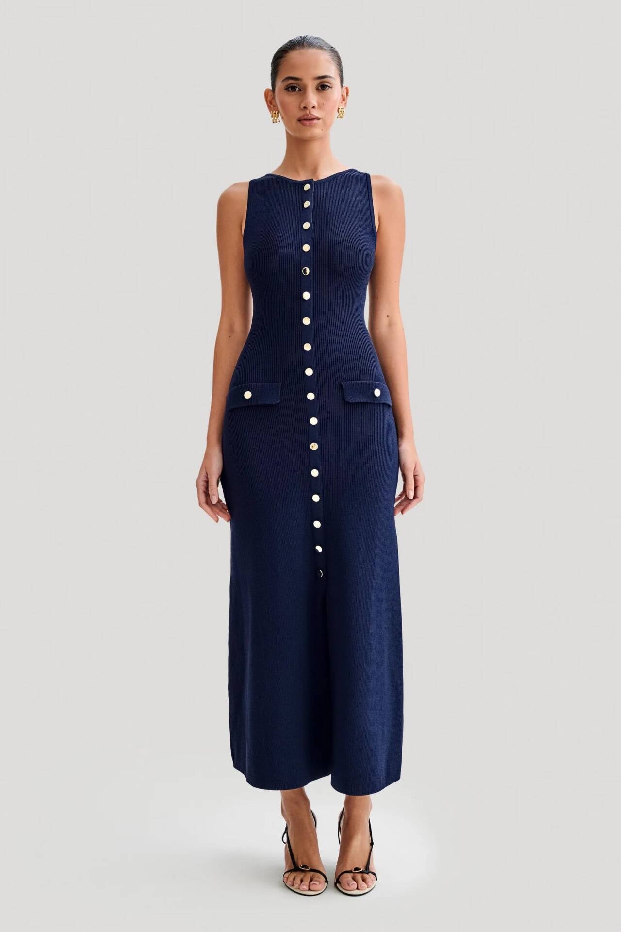 Royal Chic Button Detail Midi Dress