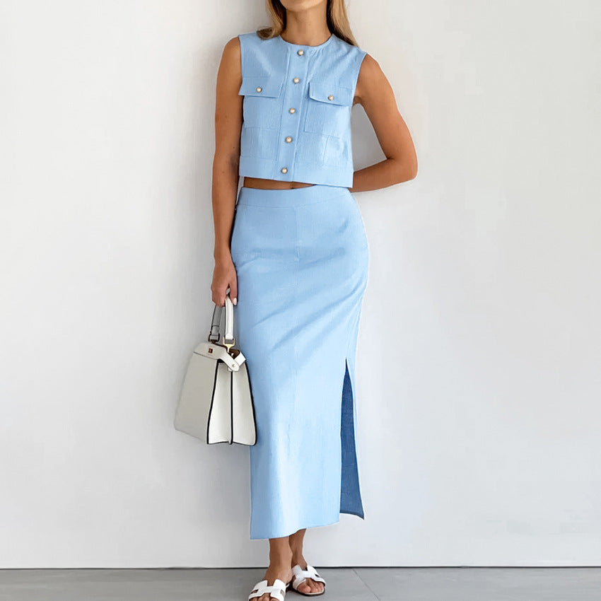 Pearl Buttoned Cotton Suit