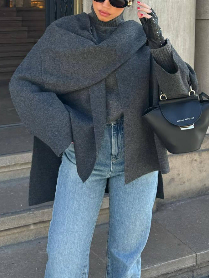 Asymmetric Collar Wool Blend Poncho Jacket