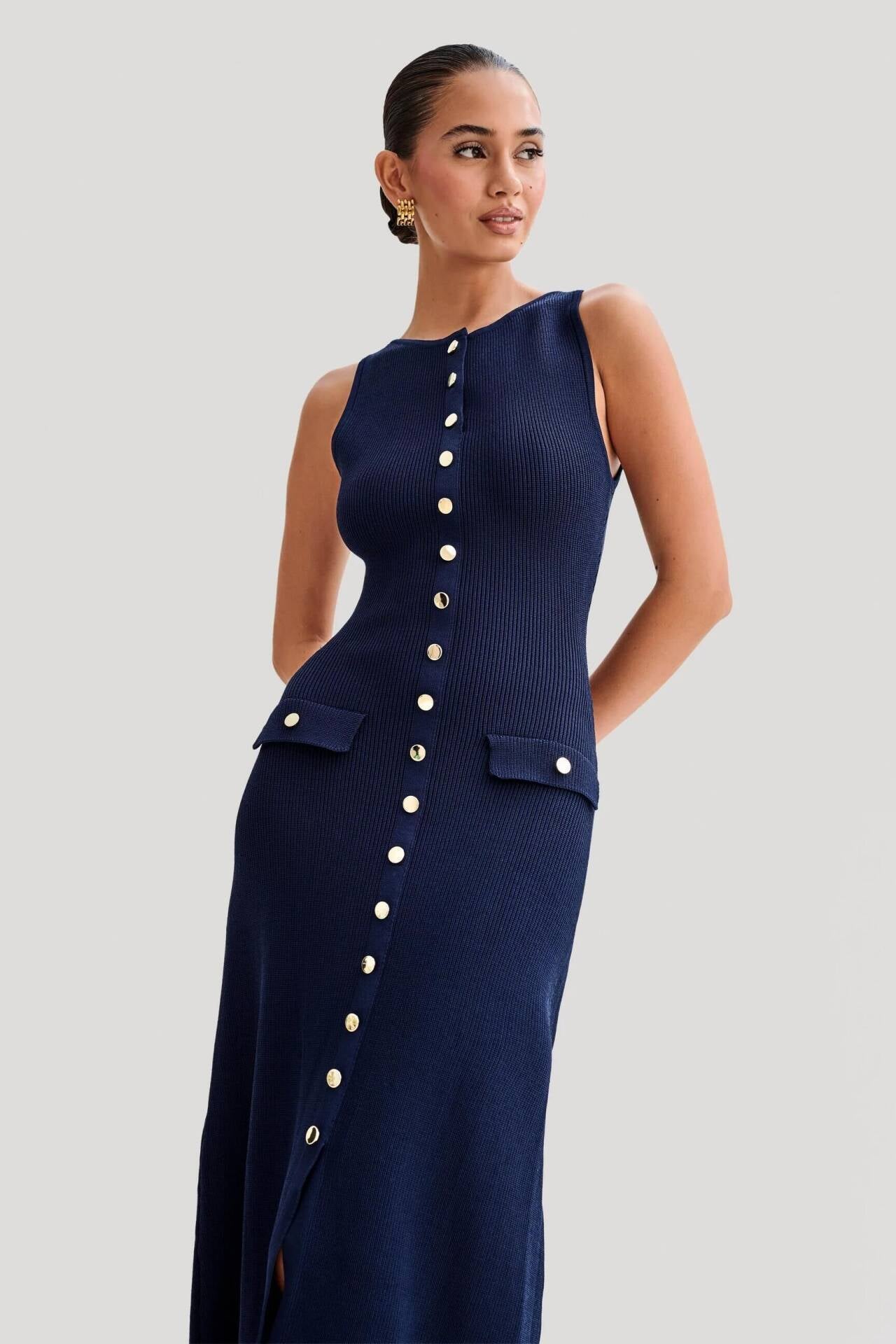 Royal Chic Button Detail Midi Dress