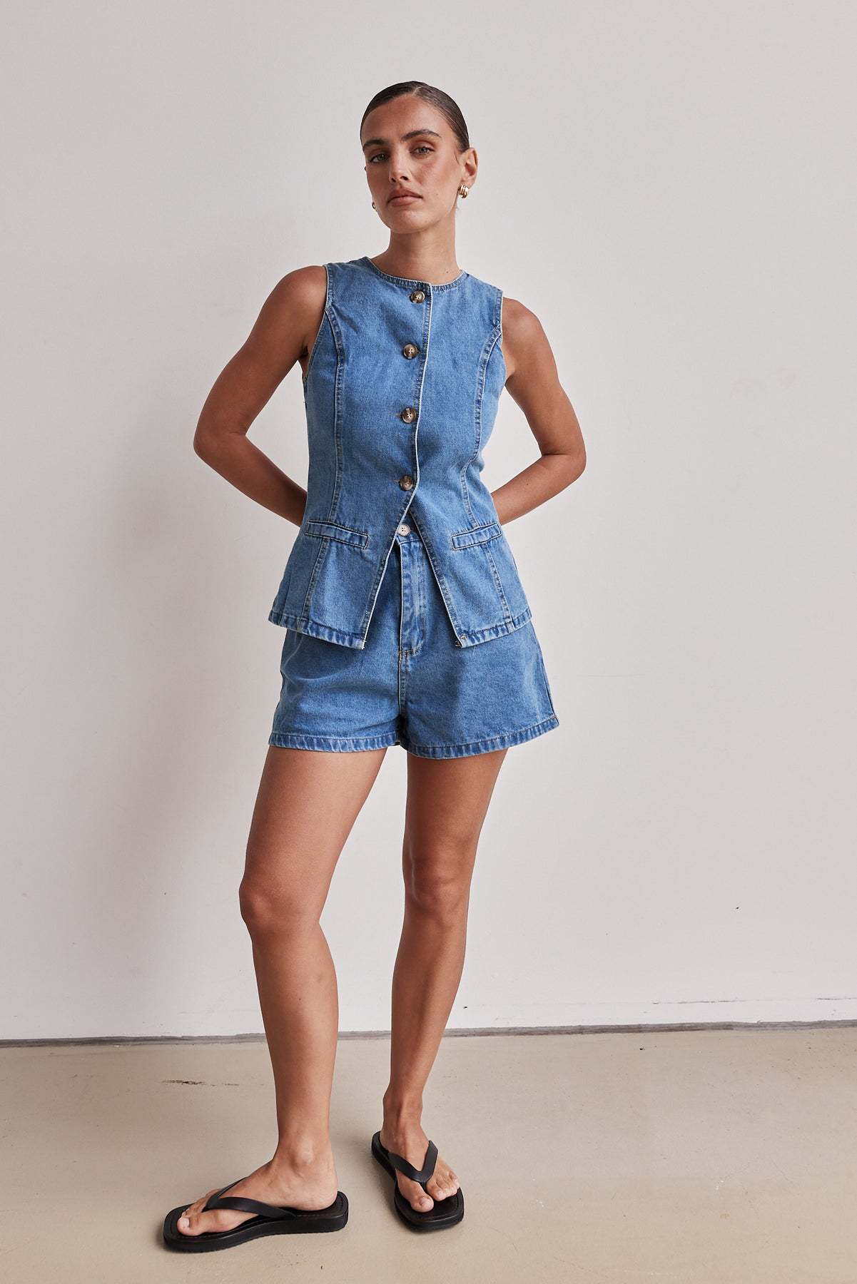 Denim Button-Up Shorts Set