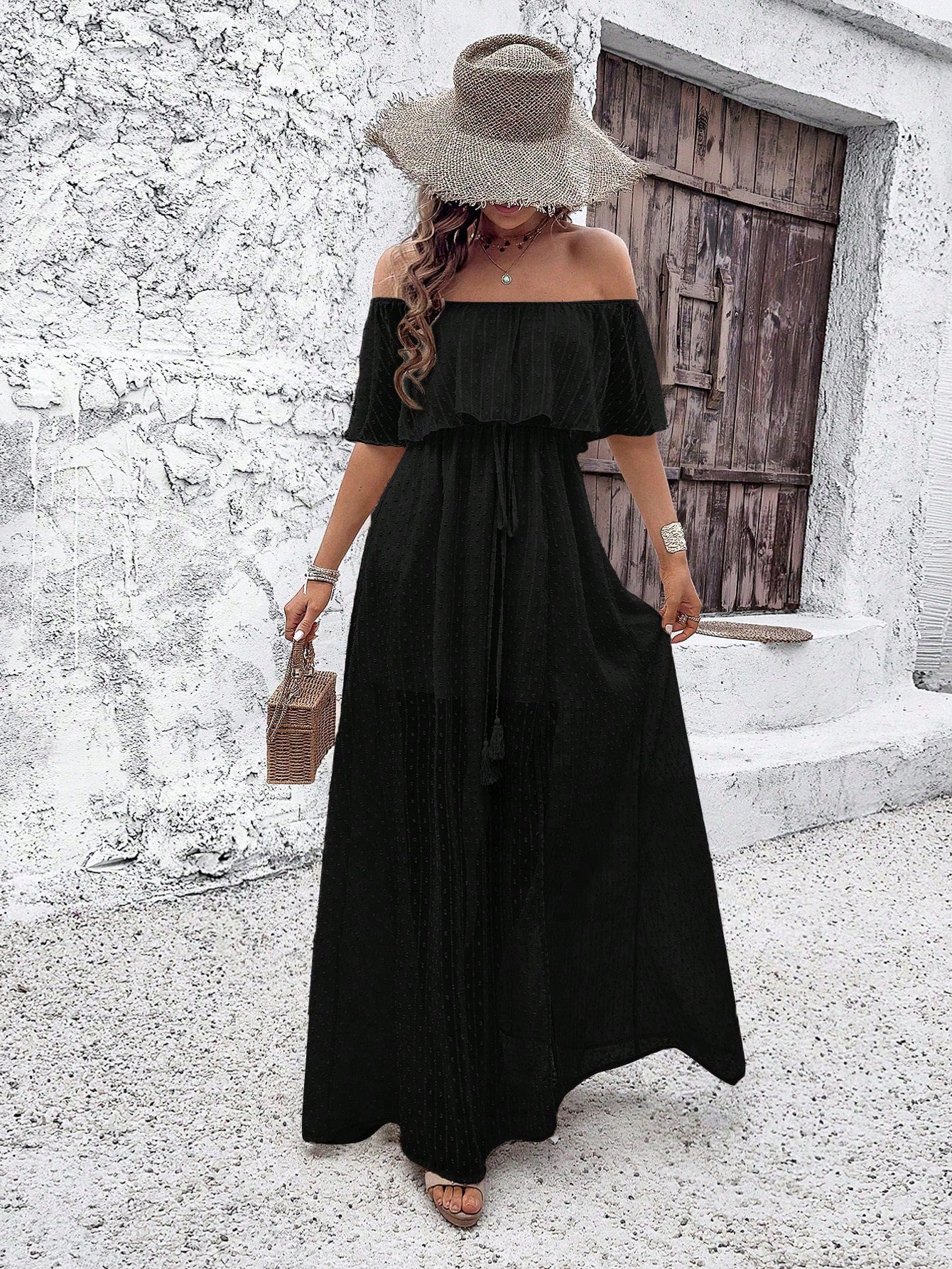 Polka Dot Off Shoulder Chiffon Dress