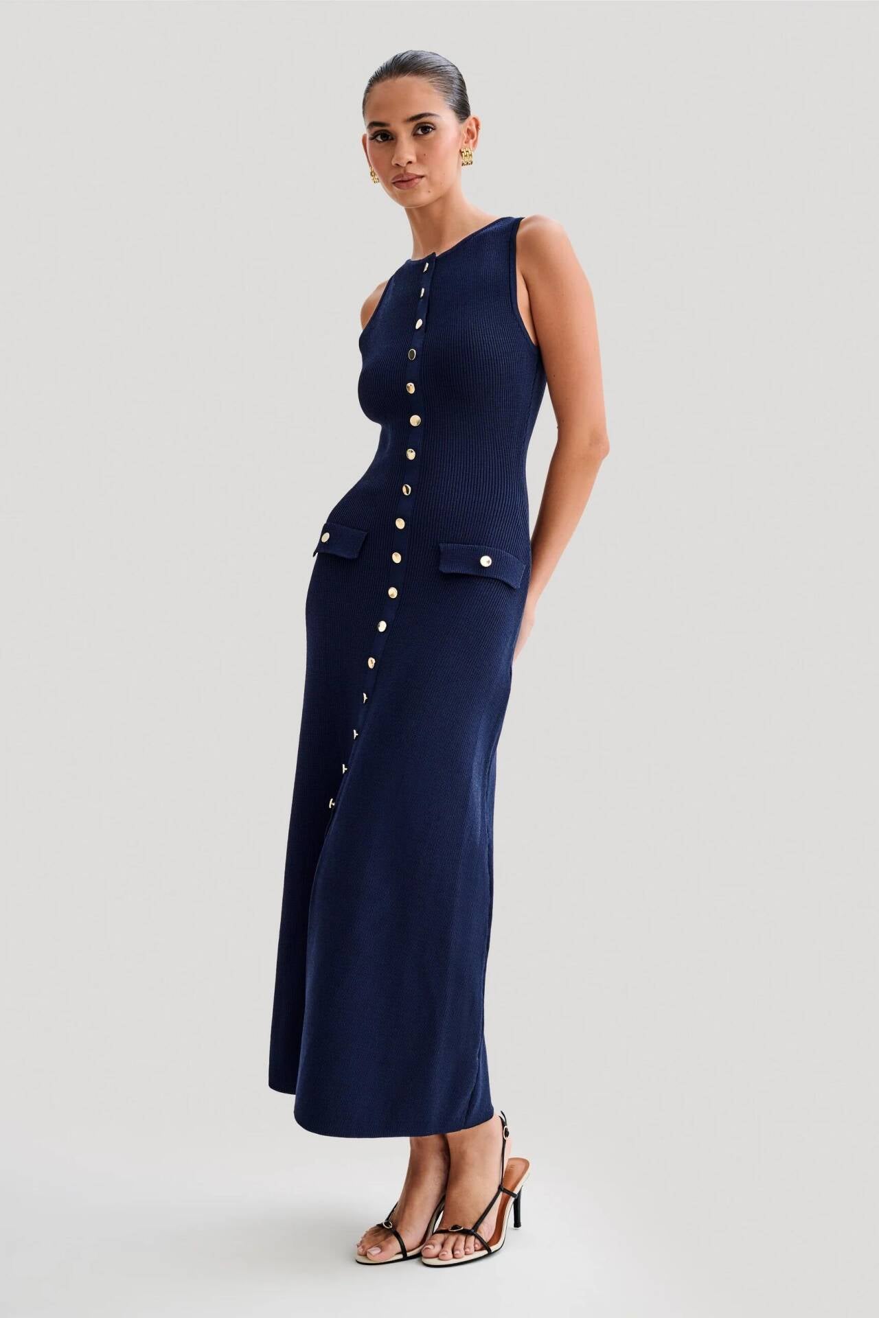 Royal Chic Button Detail Midi Dress