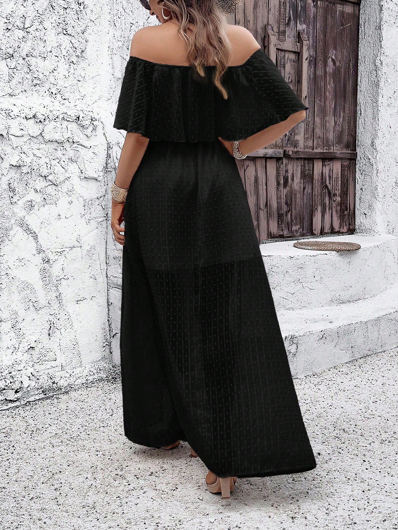 Polka Dot Off Shoulder Chiffon Dress
