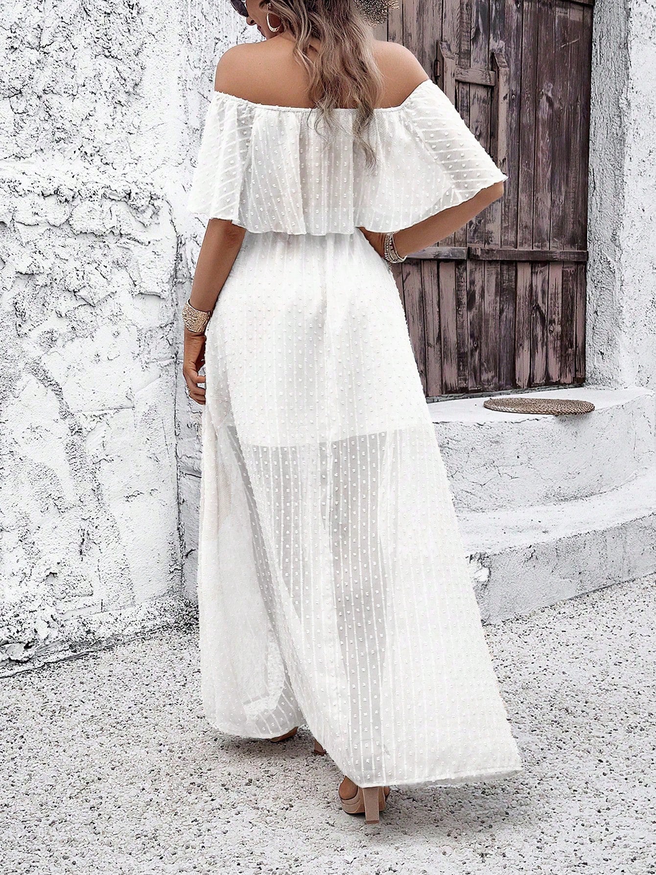 Polka Dot Off Shoulder Chiffon Dress