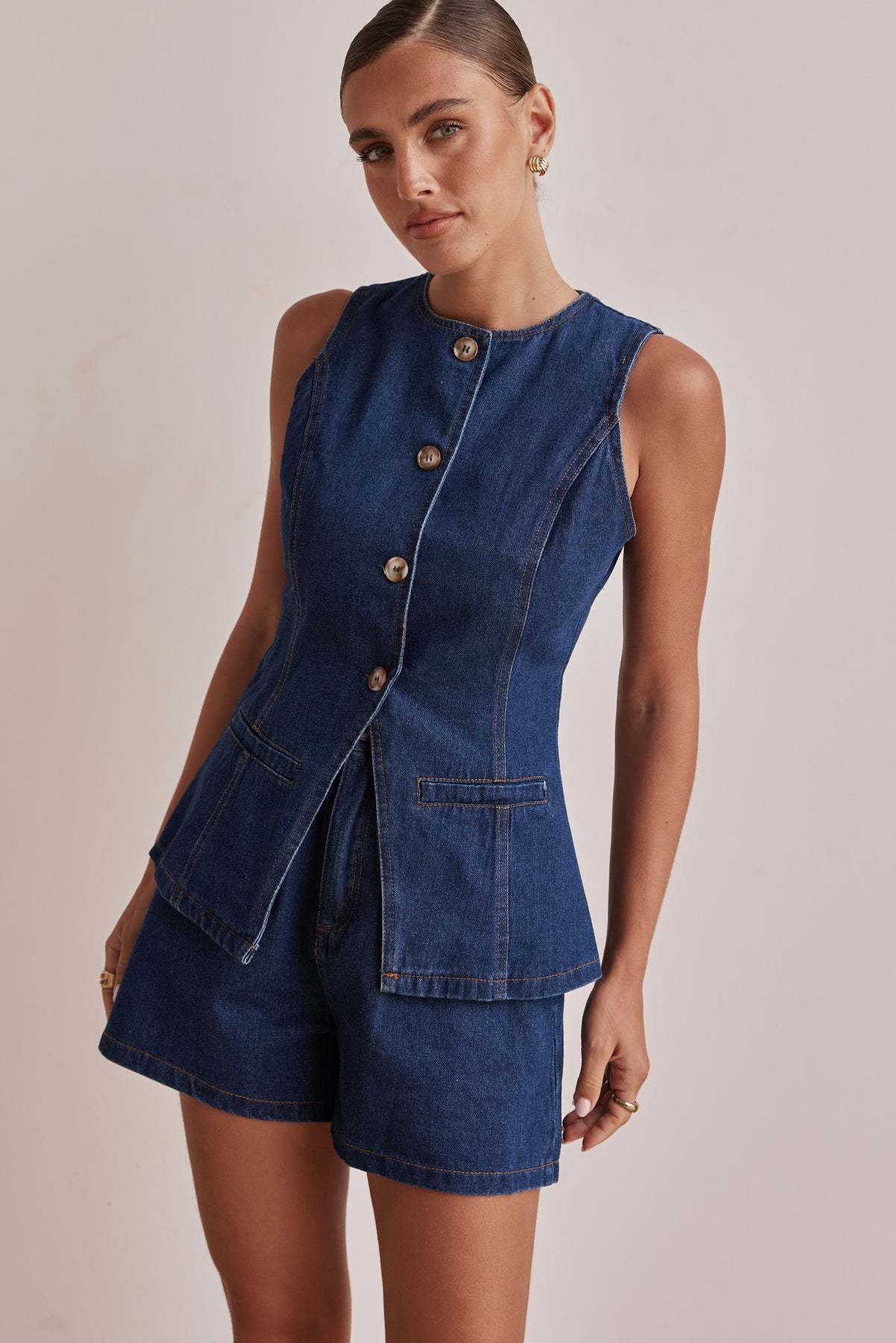 Denim Button-Up Shorts Set