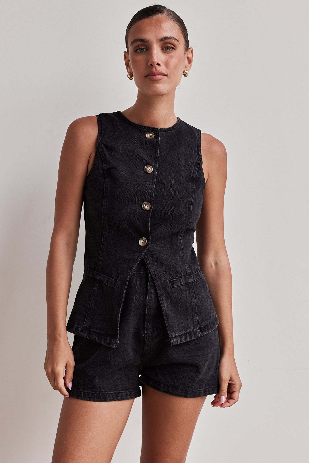 Denim Button-Up Shorts Set