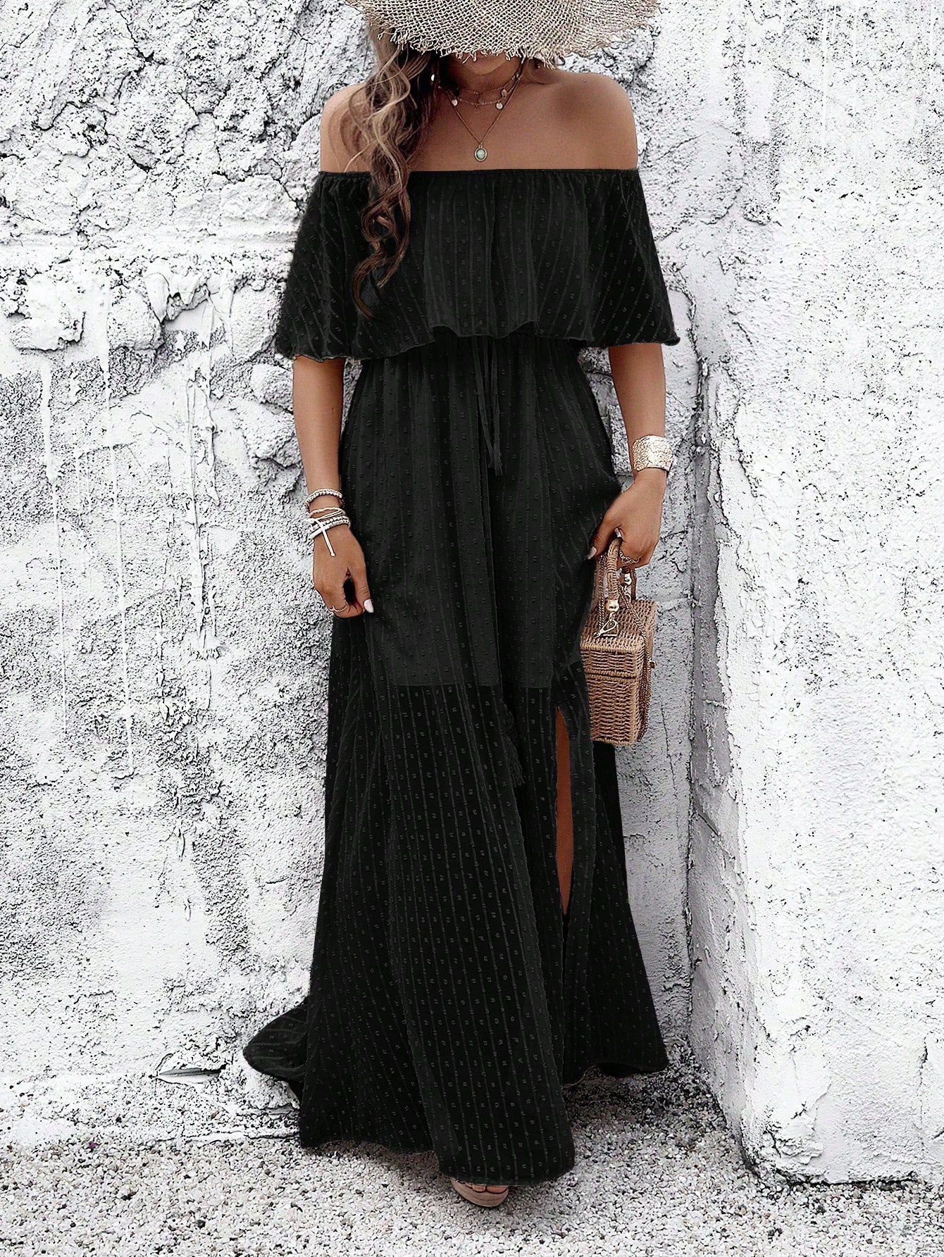 Polka Dot Off Shoulder Chiffon Dress