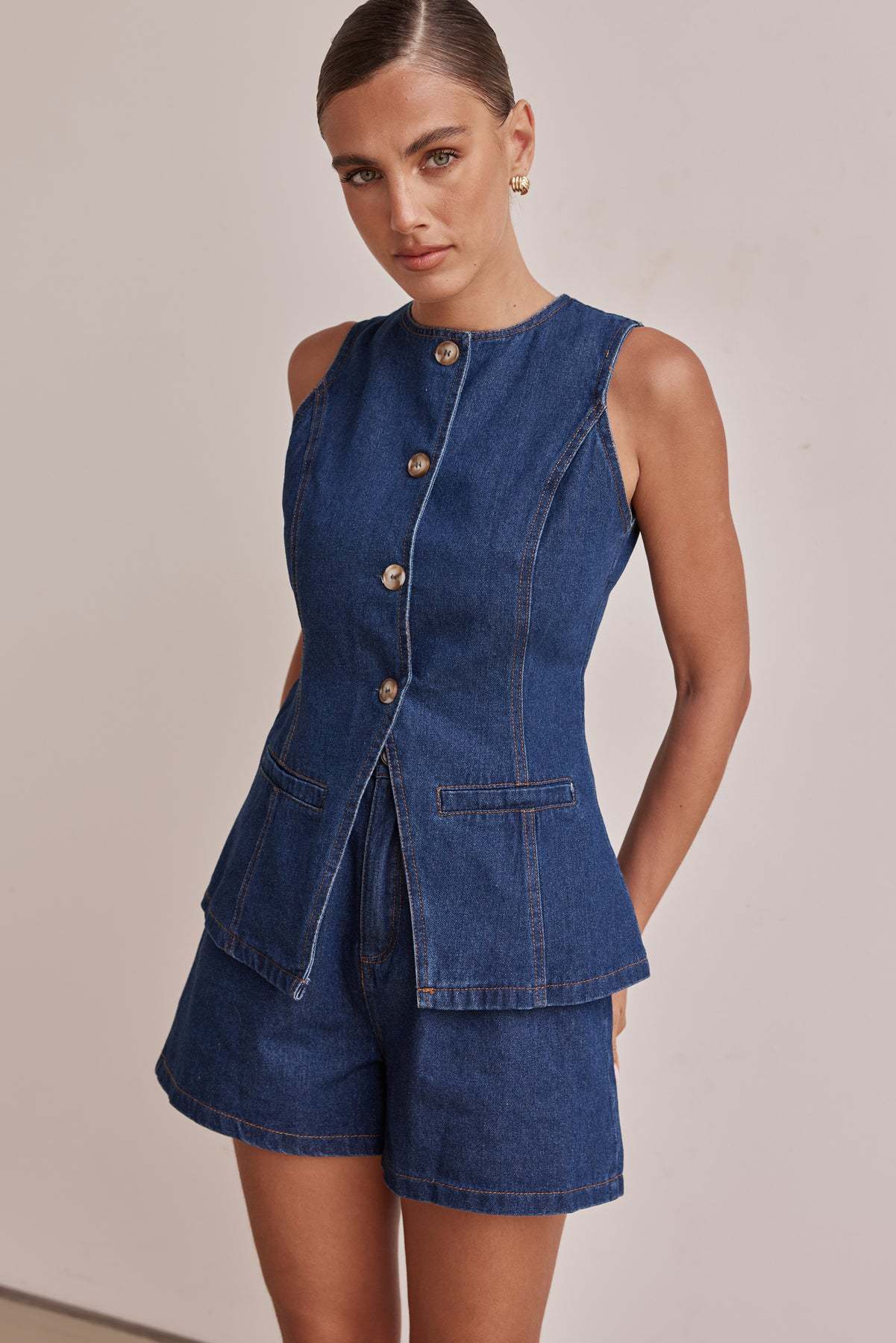 Denim Button-Up Shorts Set