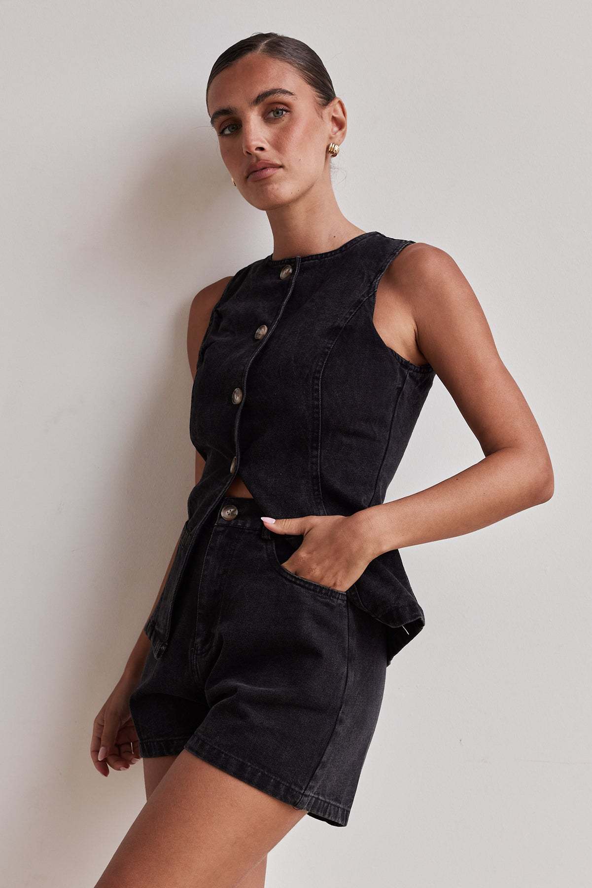 Denim Button-Up Shorts Set