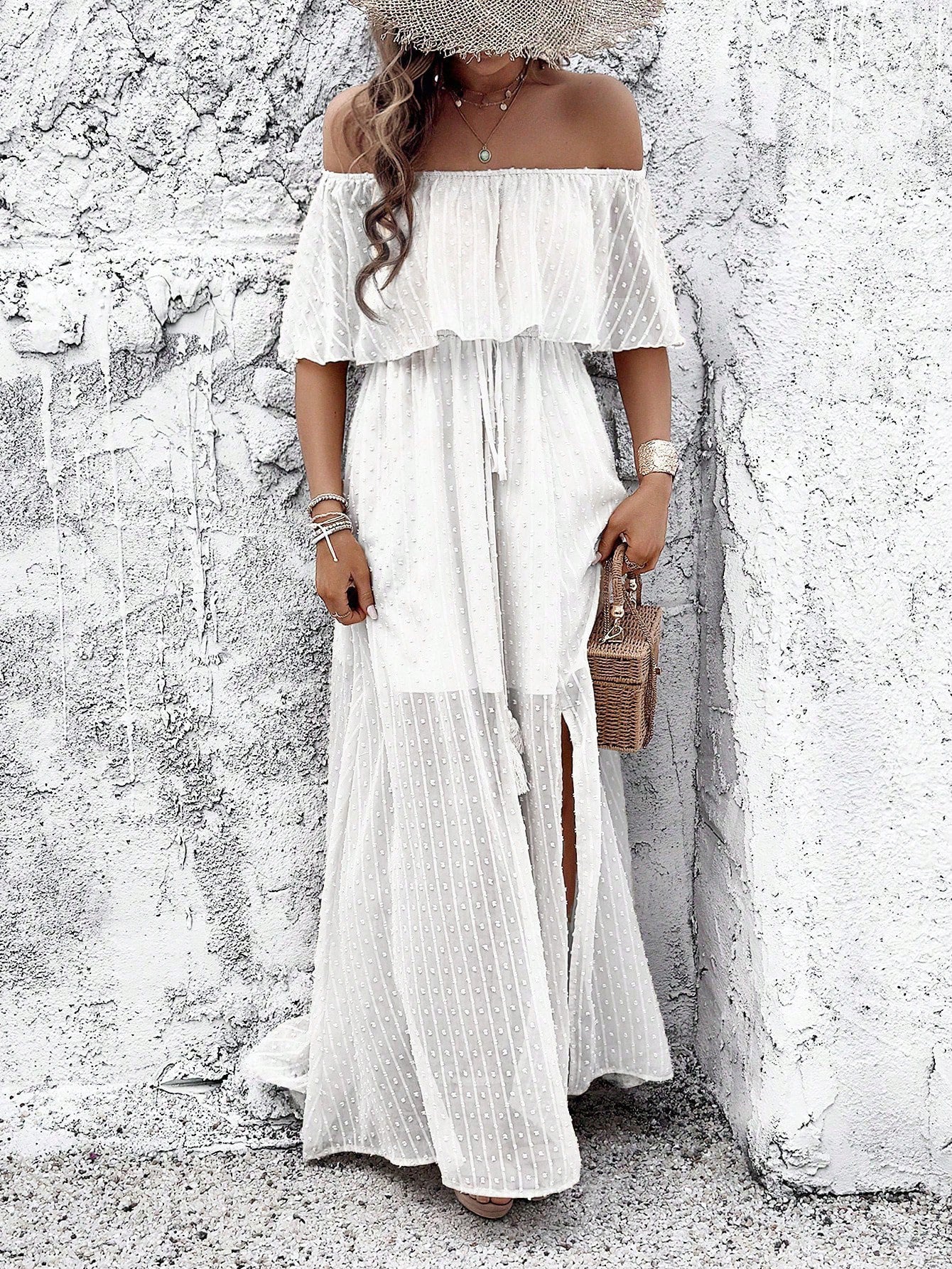 Polka Dot Off Shoulder Chiffon Dress