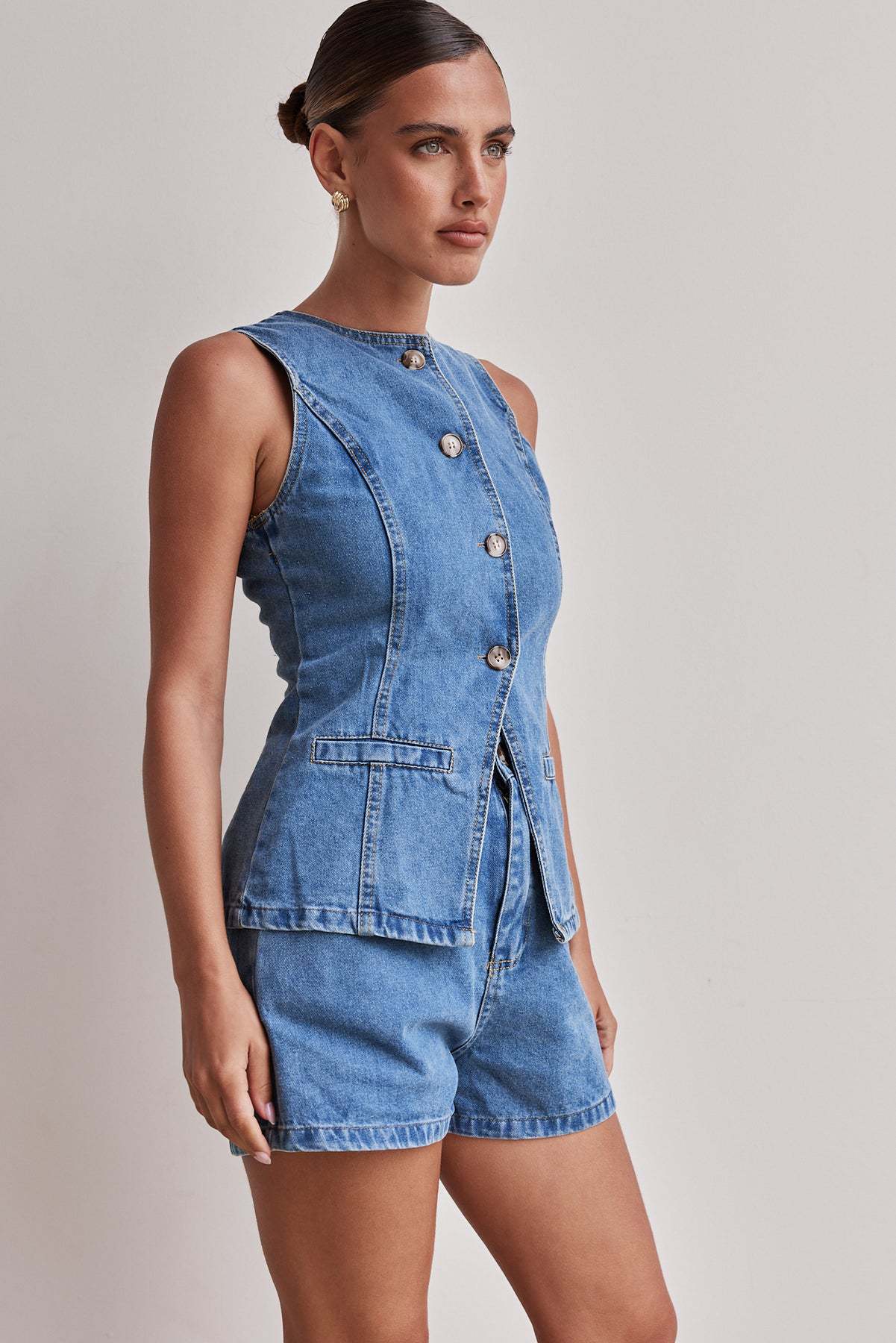 Denim Button-Up Shorts Set