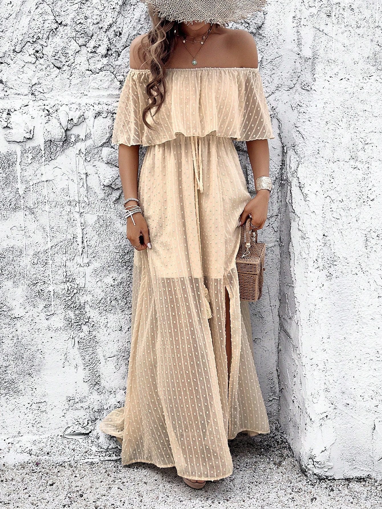 Polka Dot Off Shoulder Chiffon Dress