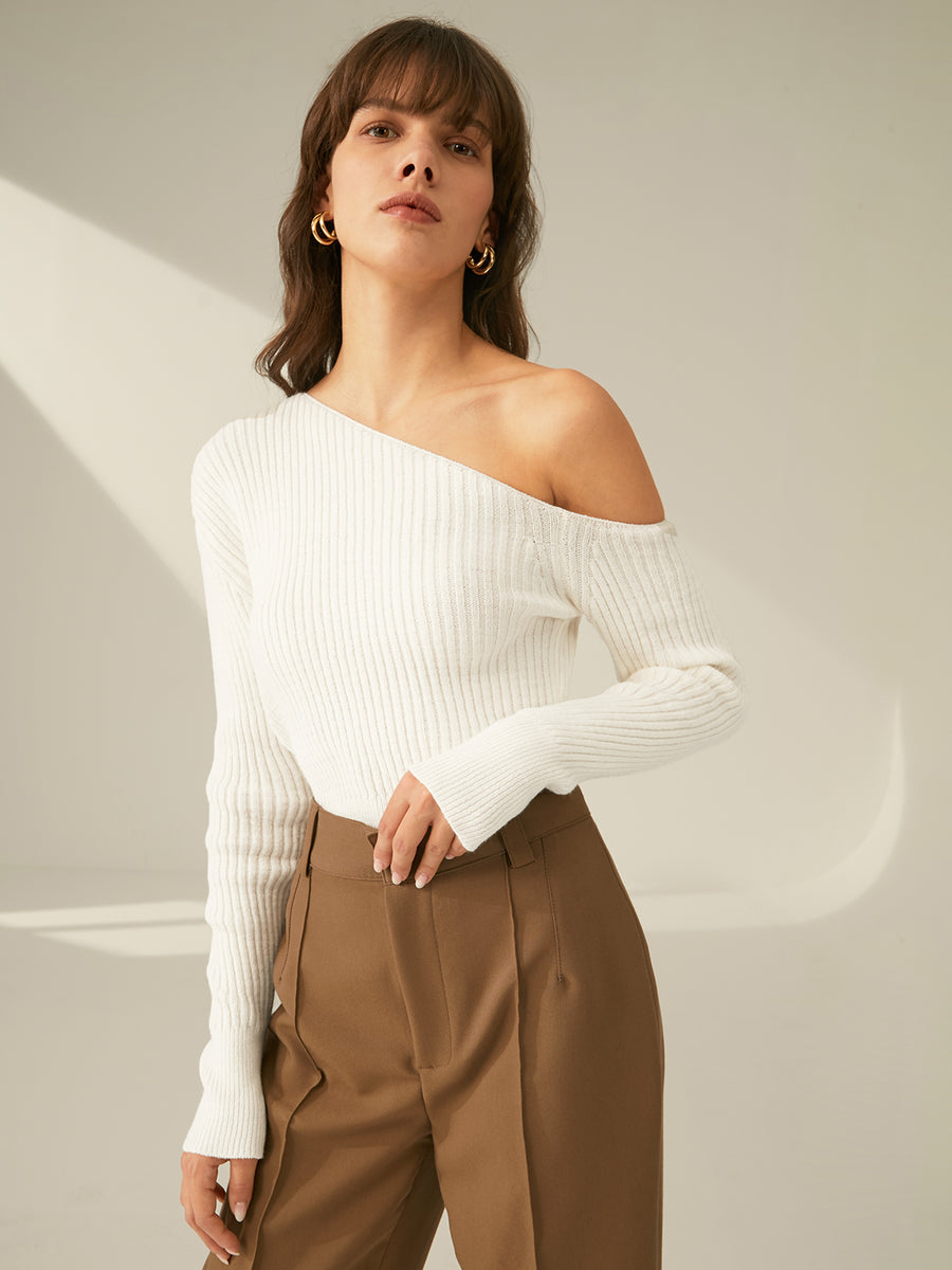 One Shoulder Rib Detailed Sweater