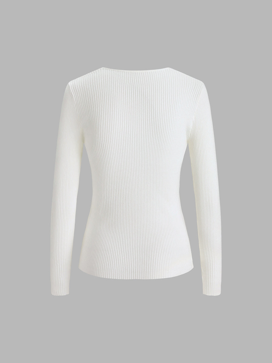 V Neck Rib Knitted Long Sleeve Sweater 