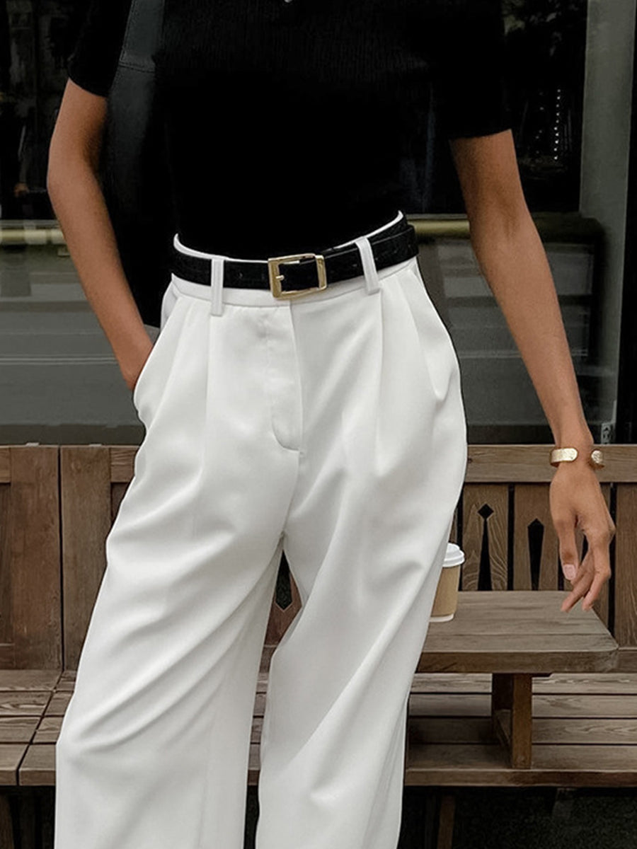 Beltless Straight Wide Leg Trousers