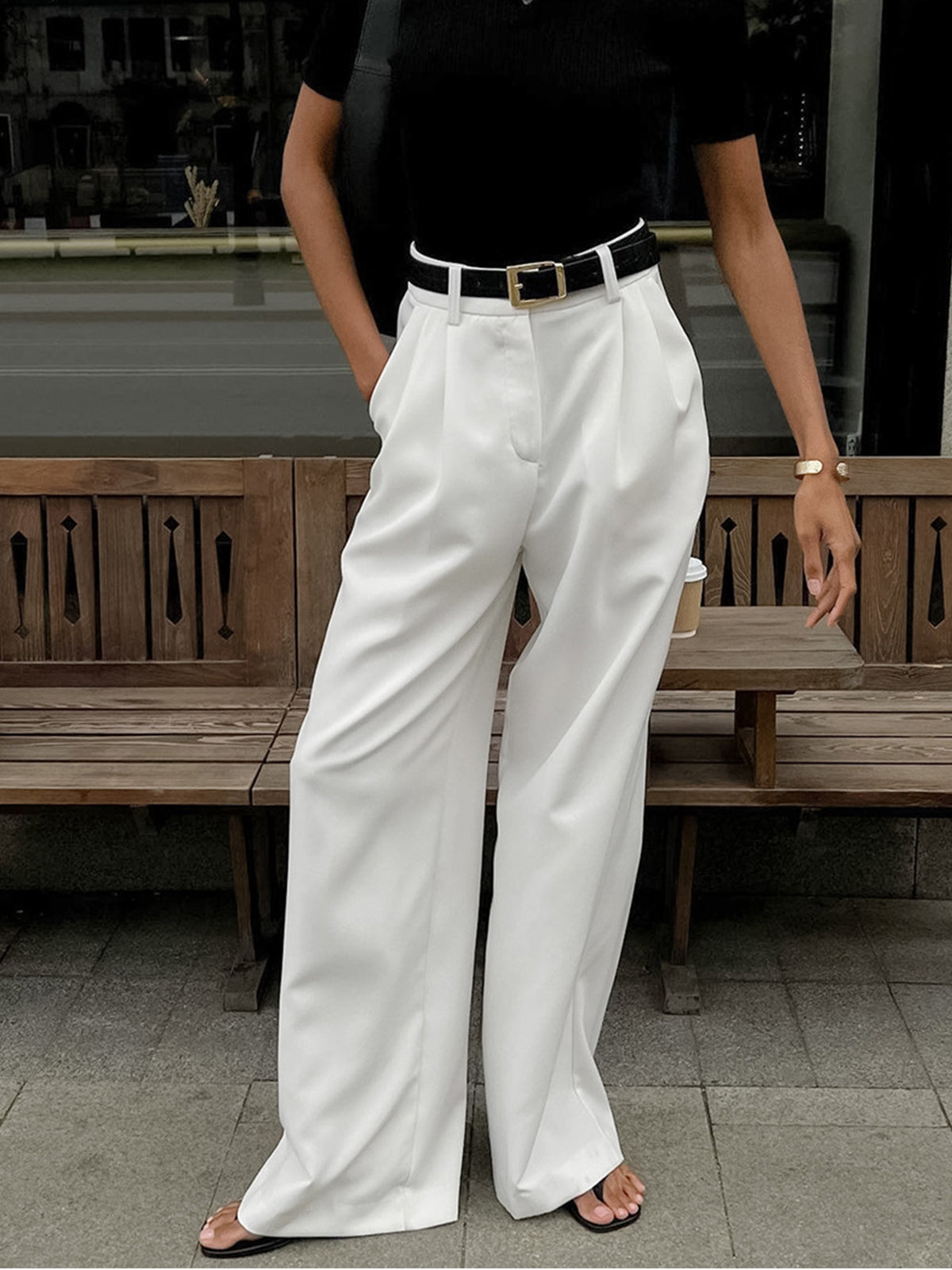 Beltless Straight Wide Leg Trousers