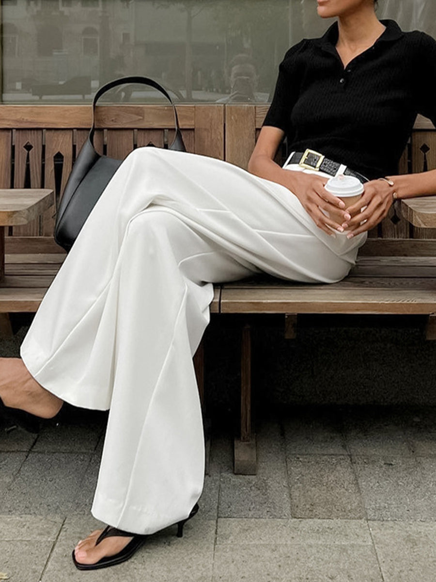 Beltless Straight Wide Leg Trousers