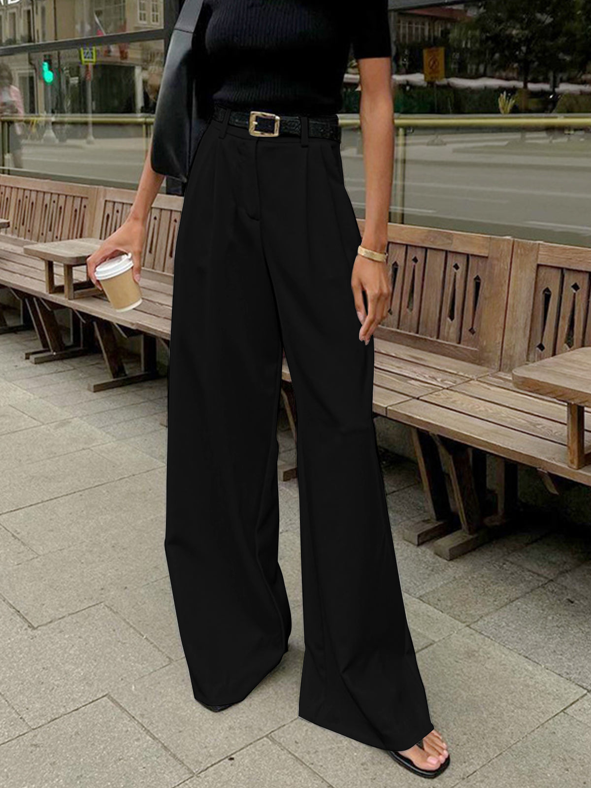 Beltless Straight Wide Leg Trousers