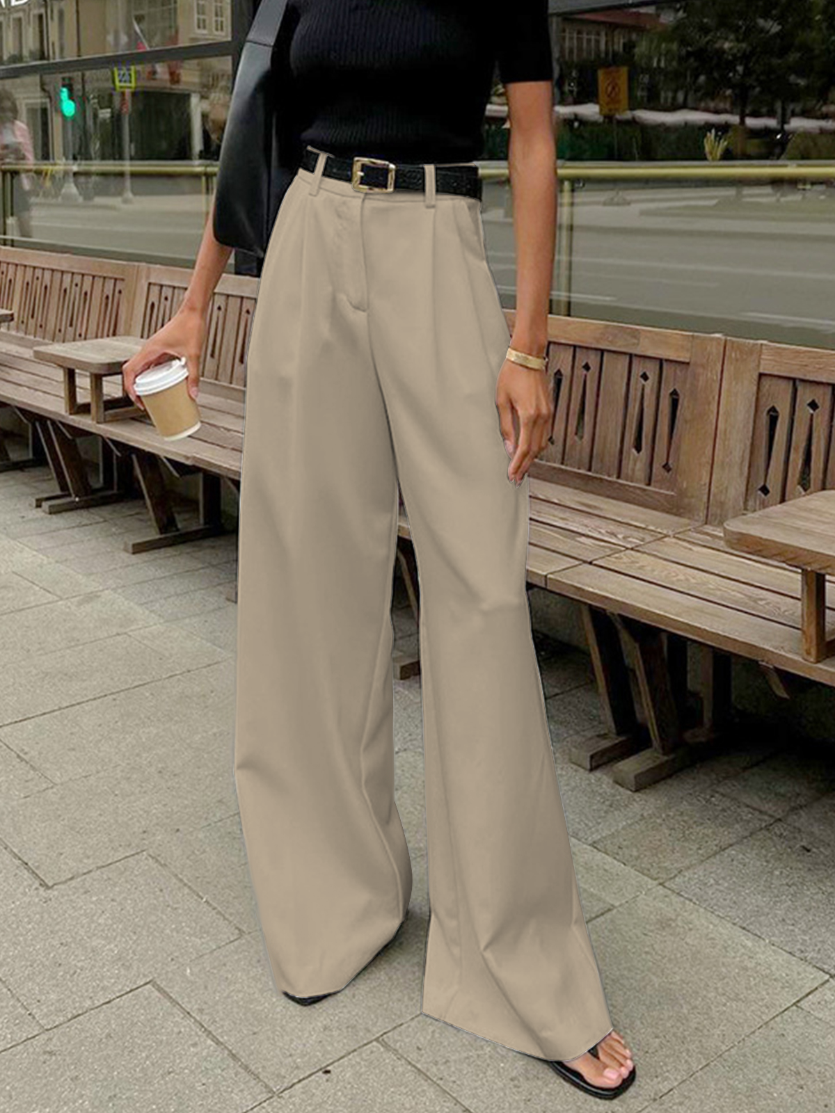 Beltless Straight Wide Leg Trousers