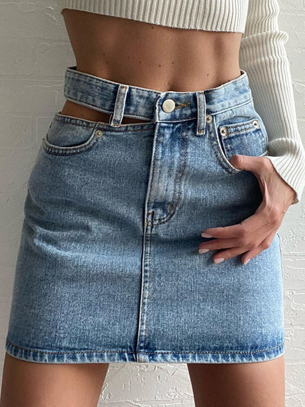 High Waist Cut Denim Skirt